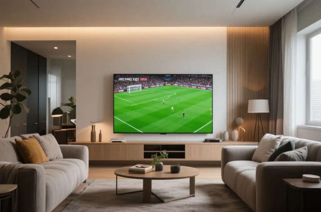 Modern living room smart TV showing a live football match in high definition